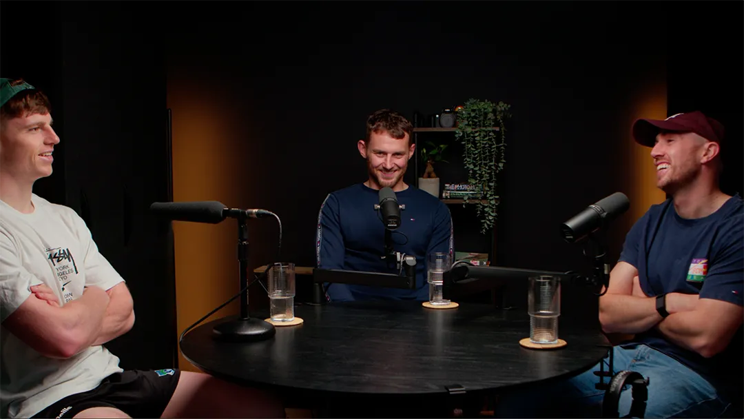 TheBackDoorCut_Recording_Set_Verver Podcast recording. Three personal trainers sit around a table