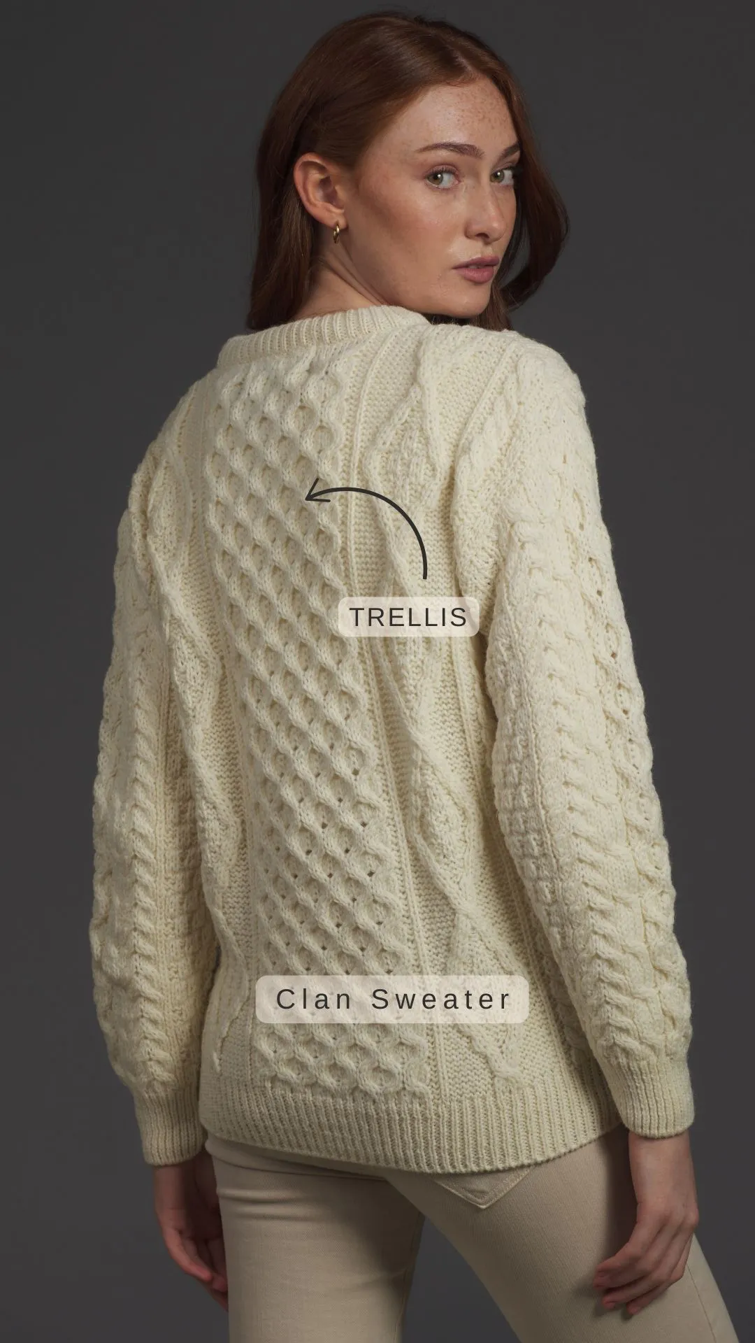 A red haired girl wears an aran sweater and looks back over her shoulder. Knit patterns are pointed out and labelled