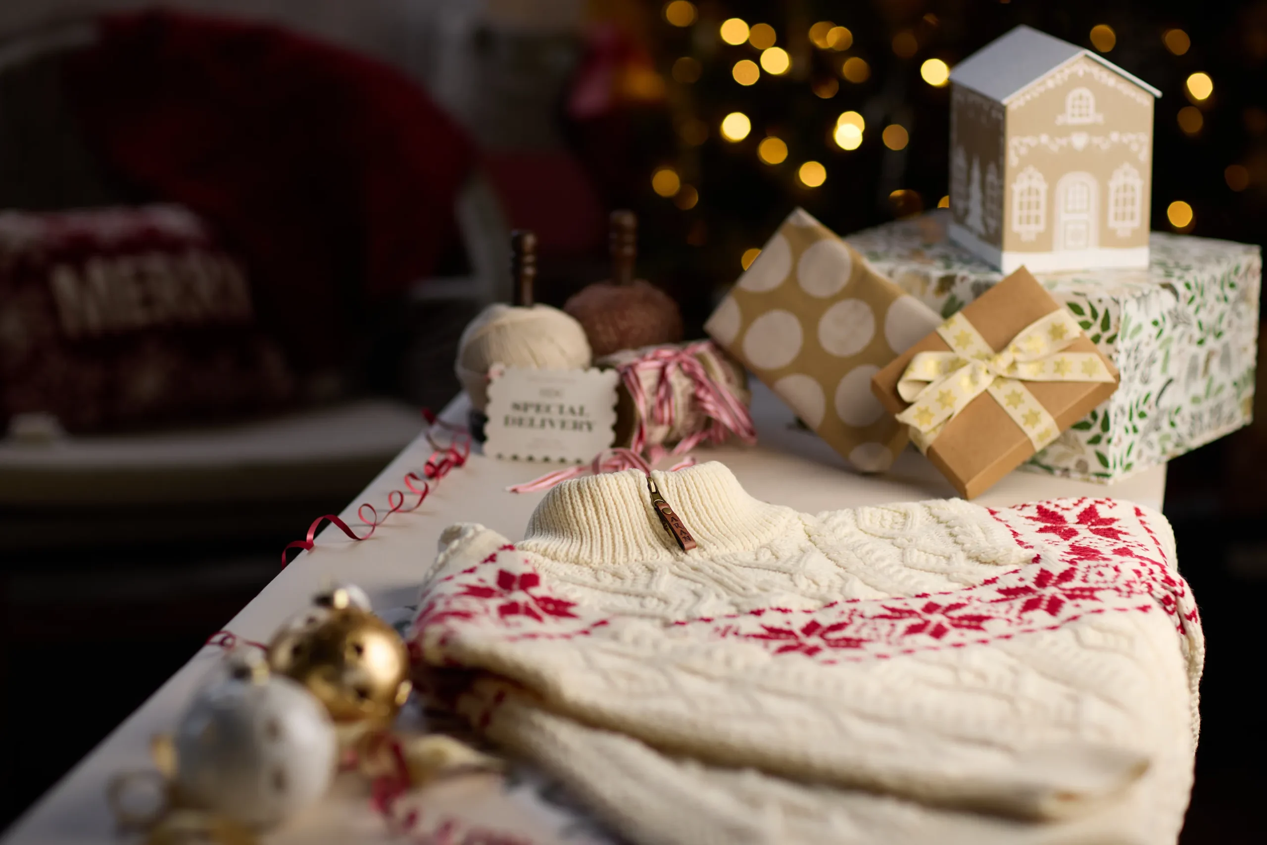 An Aran jumper is laid on a table ready to wrap for Christmas