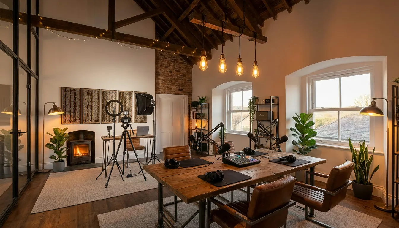 A warm and inviting co-creation studio space on the top floor of a Georgian building in the west of Ireland. A future state visualisation by Verver. podcast areas, talking head recording spaces, industrial modern style furnishings.