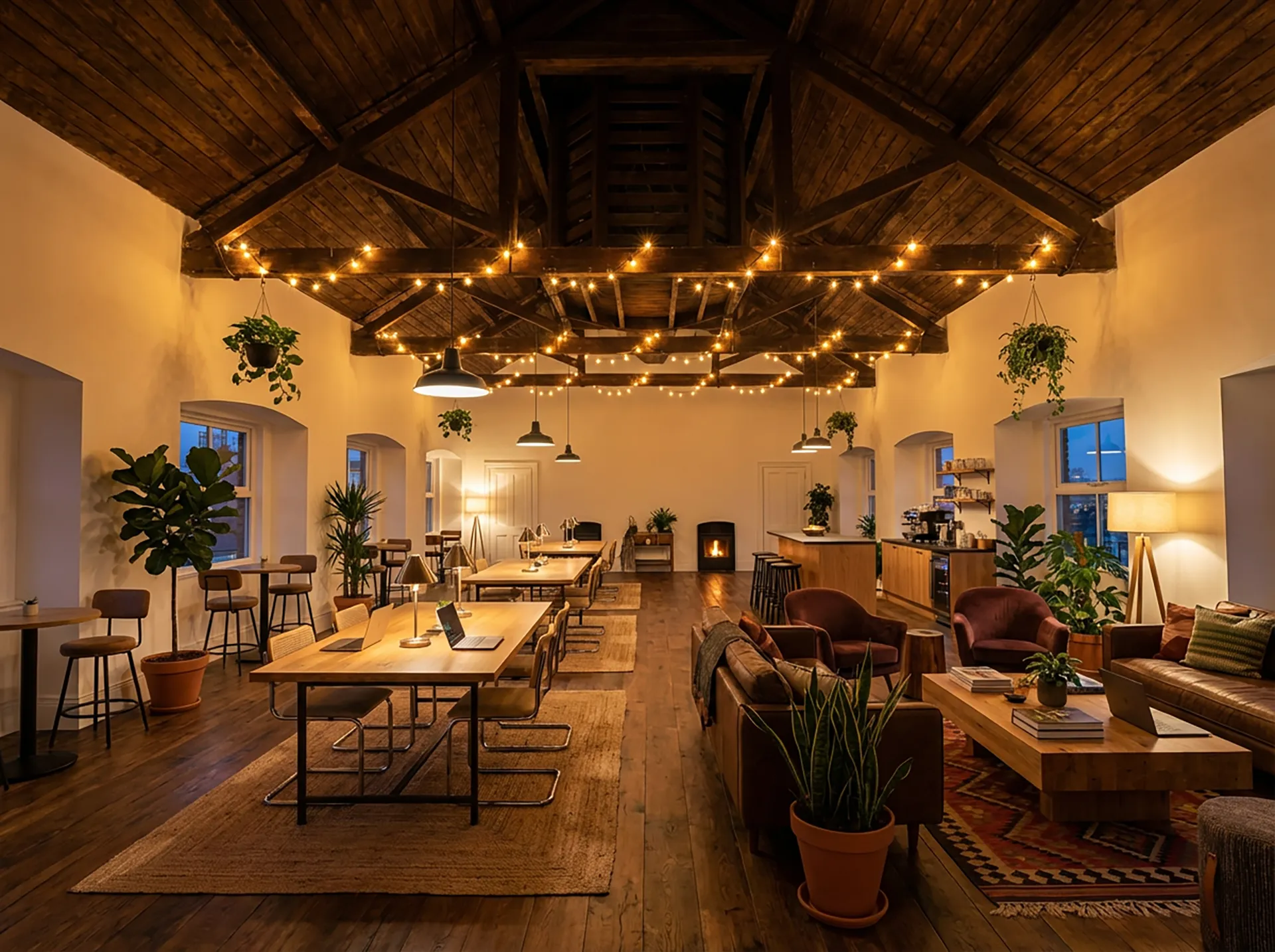 A warm and inviting co-work space on the top floor of a Georgian building in the west of Ireland. A future state visualisation by Verver. Desk areas, break out spaces, industrial modern style furnishings.