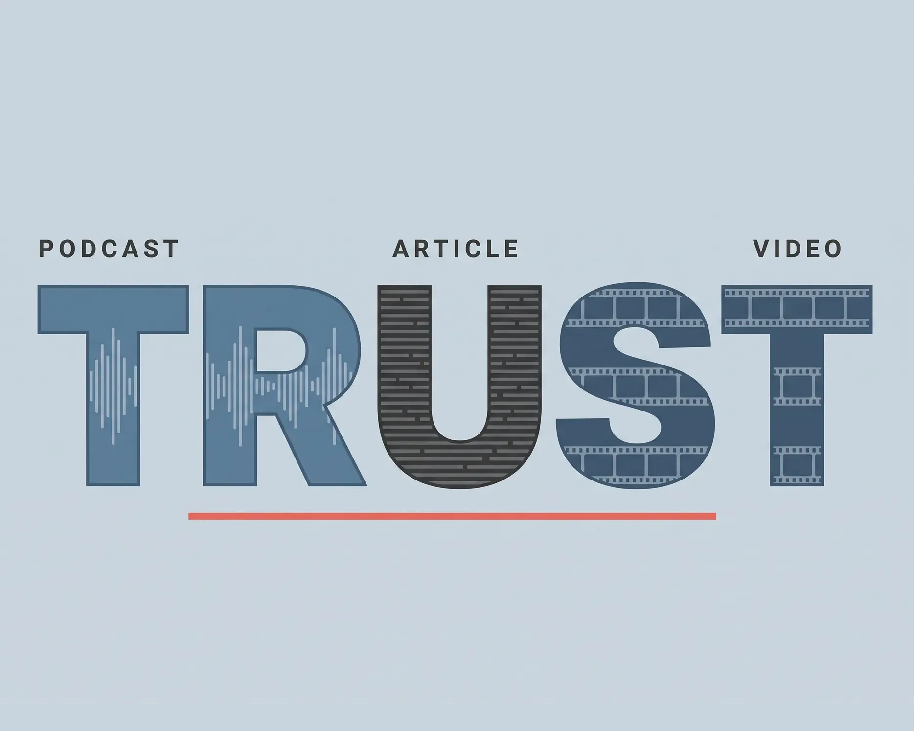 The word trust built from audio waveforms, lines of text and film frames, representing podcast, article and video formats