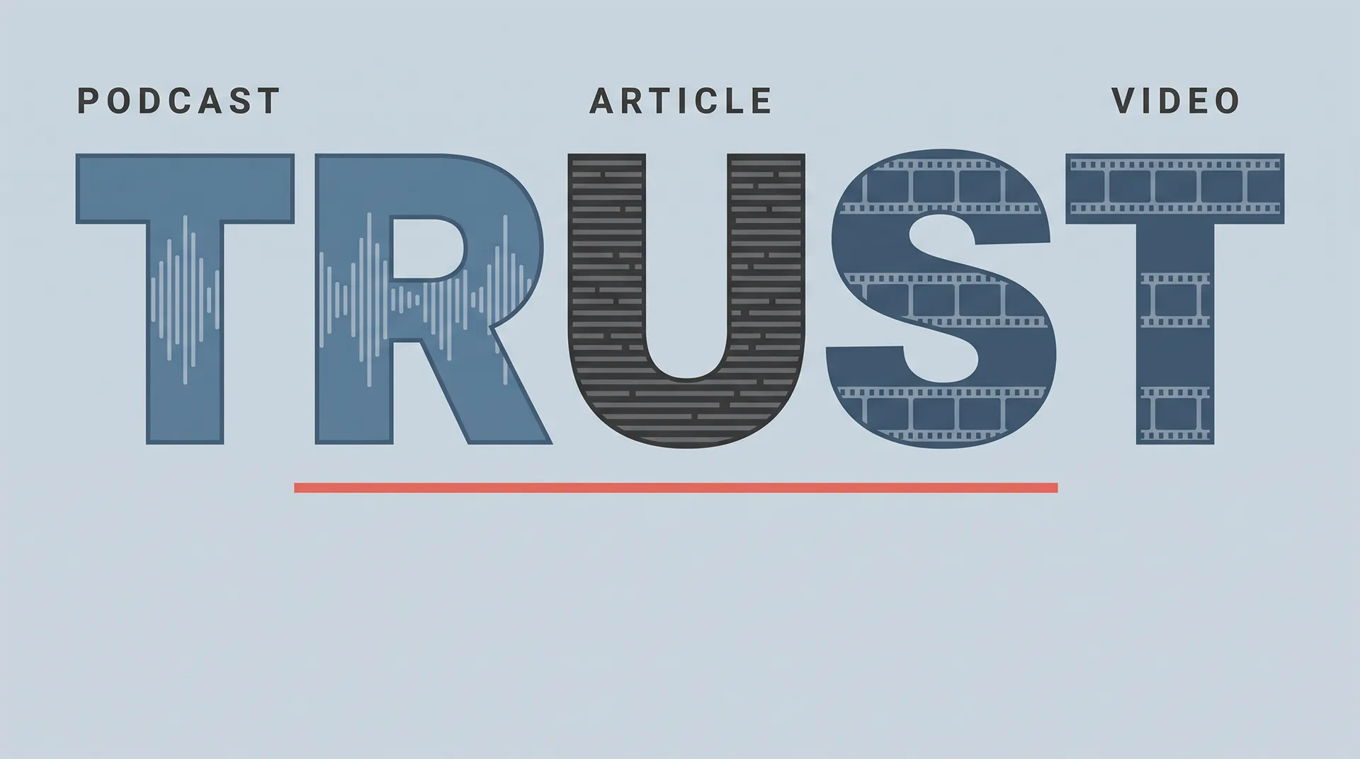 The word trust built from audio waveforms, lines of text and film frames, representing podcast, article and video formats